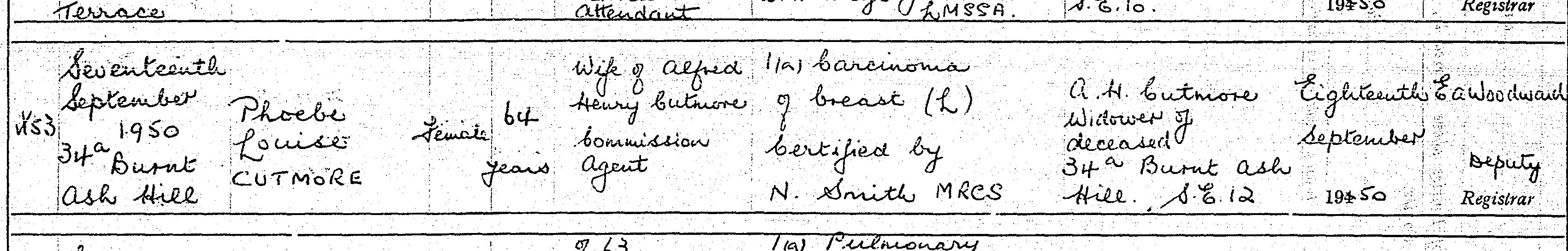 Civil Death Record Phoebe Louisa Smith-Cutmore 1950